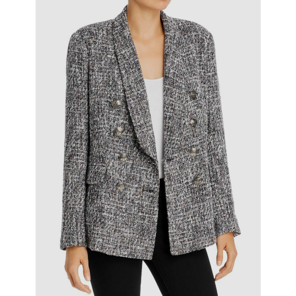 Aqua Black White Metallic Tweed Double Breasted Blazer Jacket Womens S